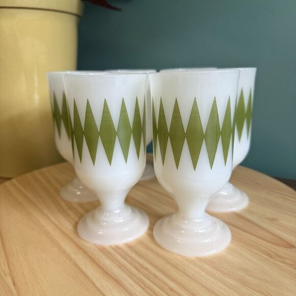 6 Vintage MCM Federal Milk Glass Footed Mugs Green Diamond Pattern 5.5" - Picture 5 of 10
